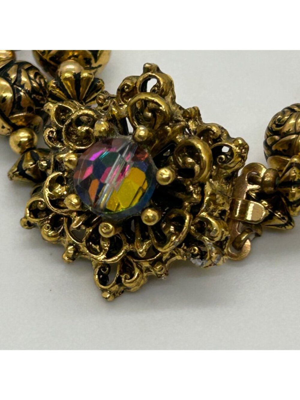 Vintage 1950s Double Strand Gold Rosette Aurora Borealis AB Crystal Bracelet - Picture 5 of 11